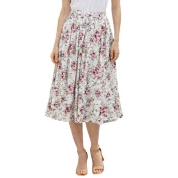Susan Bristol Dresses & Skirts - Susan Bristol Floral Midi Skirt 12 Pleated Rayon Ribbon Bow Cottage Coquette